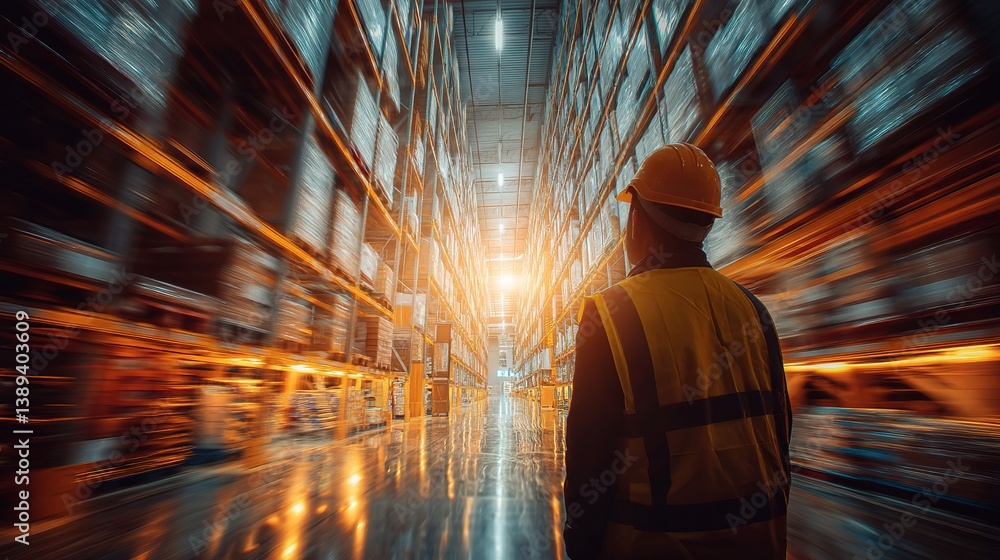 Poster warehouse worker in motion with double exposure effect