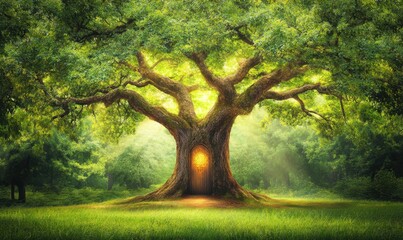 Fototapeta premium Majestic oak tree forest sunlit clearing magical entrance nature fantasy illustration