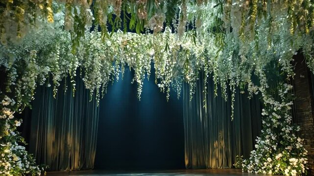 Floral stage d?cor, dramatic lighting, empty hall, wedding or event