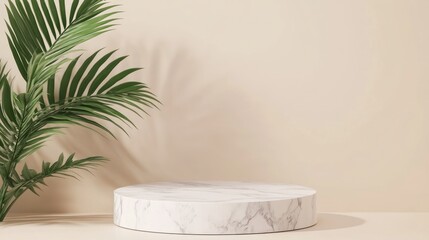 Marble podium display with palm leaves, studio background