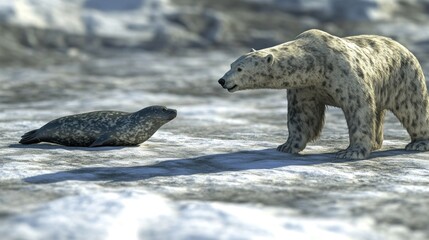 Fototapeta premium Polar bear facing seal pup on arctic ice, glacier background, wildlife documentary
