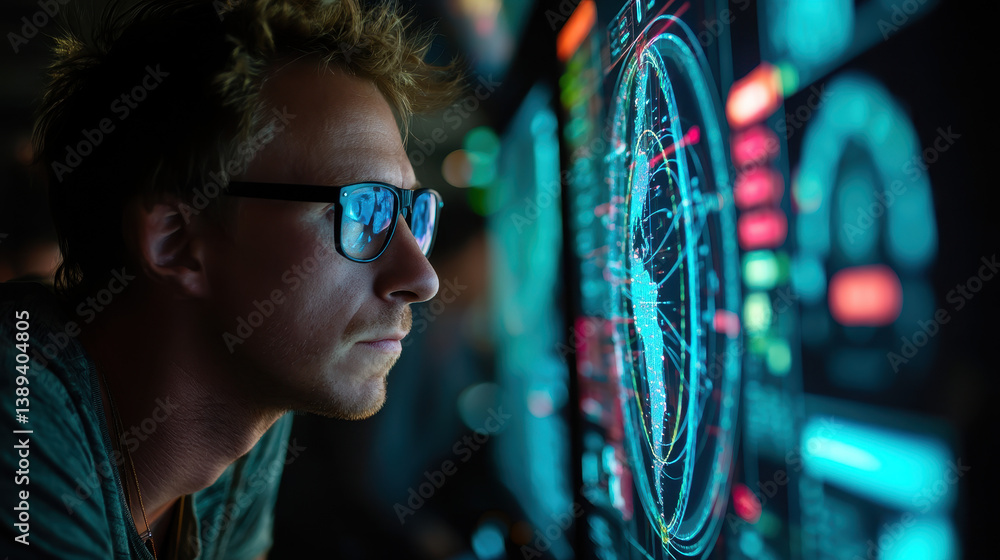 Poster security technician analyzes cyber attack map on large screen during urgent operations