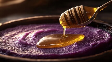 Fototapeta premium Honey dripping onto purple sweet potato puree, rustic setting, food photography