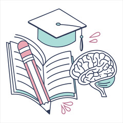 Graduation Cap on Notebook and Brain

