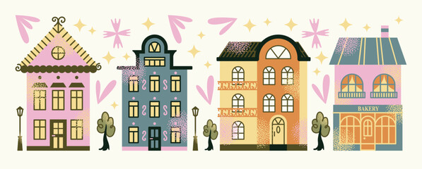 Set urban buildings and shop facades with trees and street lamps isolated on background. Flat vector illustration in cartoon style. Hand drawn city architecture elements. Urban landscape and city