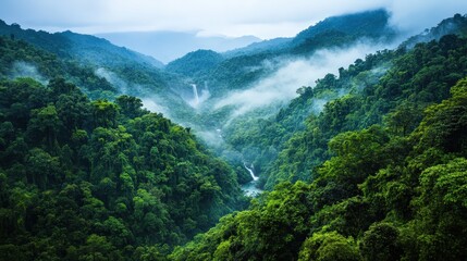 A lush green rainforest landscape with mist-covered treetops, winding rivers, and cascading waterfalls deep in the jungle.