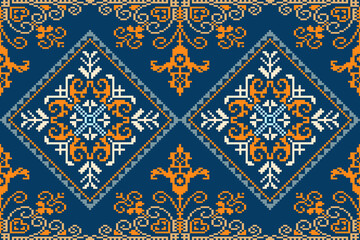 Fabric pattern traditional ethnic motif ikat geometric cross stitch.Ikat embroidery Ethnic oriental Pixel colorful background.Abstract,vector,illustration.Decoration,wallpaper,ethnic,cross stitch