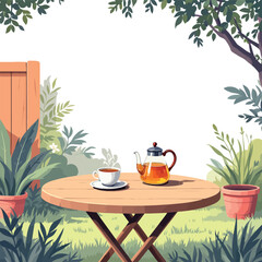 Vsai tea time in lush garden setting with warm beverage on wooden table