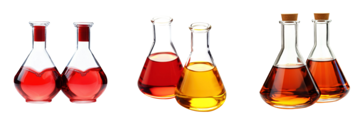Colorful Glass Laboratory Beakers with Liquid Chemicals and Solutions