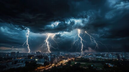 Lightning storm striking a dark cityscape, multiple electric bolts illuminating the rainy night sky with dramatic intensity