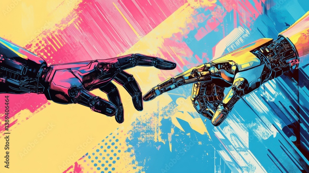 Aufkleber Modern collage depicting the confrontation between human and artificial intelligence through a hand touch symbolizing future technology evolution