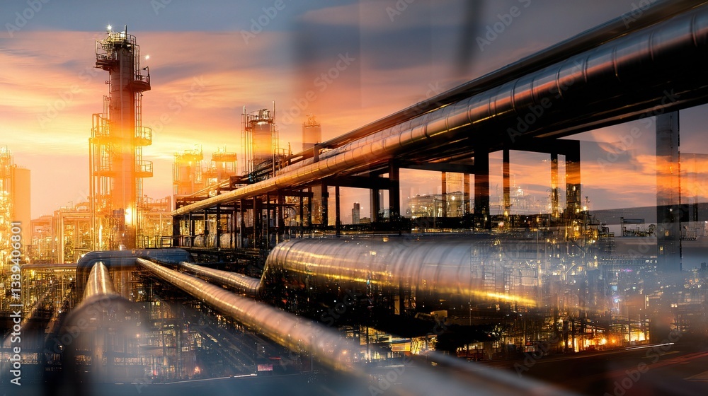 Poster closeup view of intricate structures in an industrial refinery