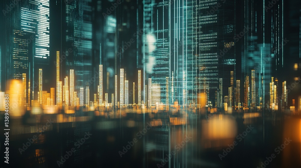 Poster double exposure of financial graph with abstract data visualization