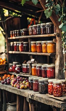 A rustic market stall with jars of homemade jams.