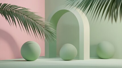 Pastel archway display with palm leaves