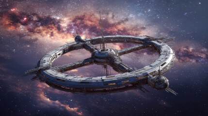 Futuristic space station orbits a distant planet in vibrant nebula background