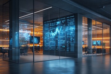 A large room with a blue wall and a projection screen. smart office concept.