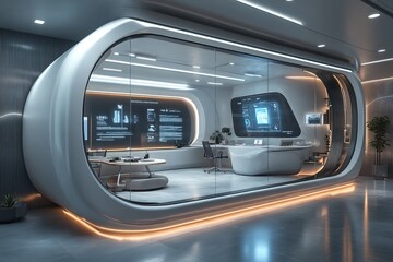 Obraz premium A futuristic office space with a large glass wall. smart office concept.
