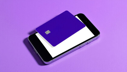 mockup of smartphone with white screen and blue credit card on purple background NFC payment concept