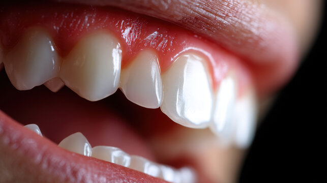 Macro shot revealing inflamed gums and discomfort in clenched teeth with visible details