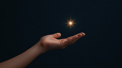 Analogy concept. Hand reaching for a glowing star in the dark sky