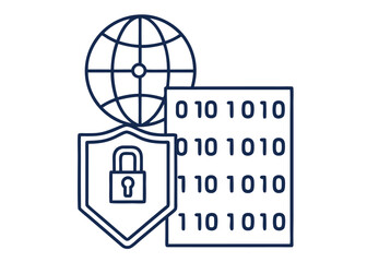 Minimalist line art cybersecurity icon featuring a globe symbol, binary code, shield with padlock, and data security representation in blue outlines on a white background. A clean vector design for di