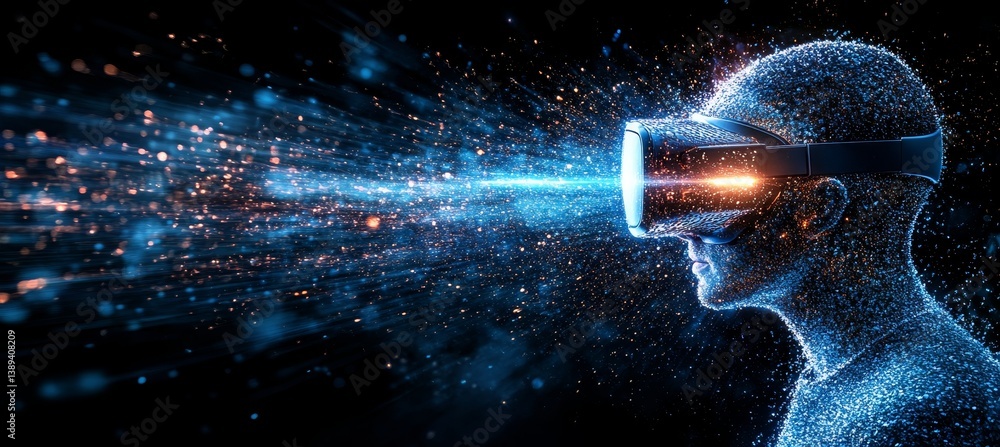 Aufkleber man explores metaverse, immersed in virtual reality experience with dynamic light beams
