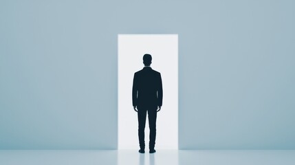 Fototapeta premium Analogy concept. Silhouetted figure stepping through a futuristic mirror portal