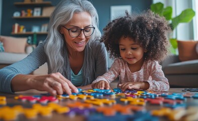 Grandmother and child bonding through a puzzle game at home