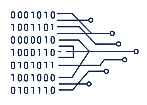 Dynamic binary code streams flow into interconnected circuit pathways, symbolizing digital data transmission and technological advancement.