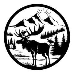 Moose in Circle, Hand Drawn Vector Illustration

