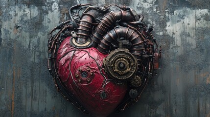 A mechanical heart with gears and wires, representing the fusion of science and emotion