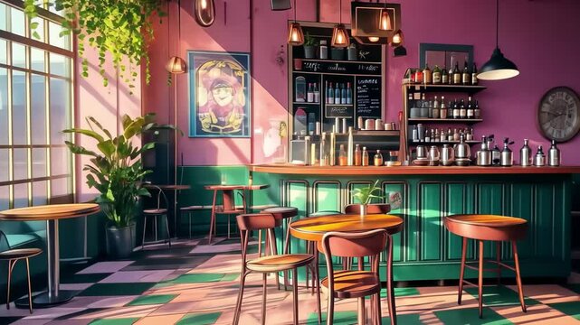Chic cafe interior with vibrant colors and lush plants in anime style during daytime, Chic Cafe Interiors,anime style, seamless ing video background