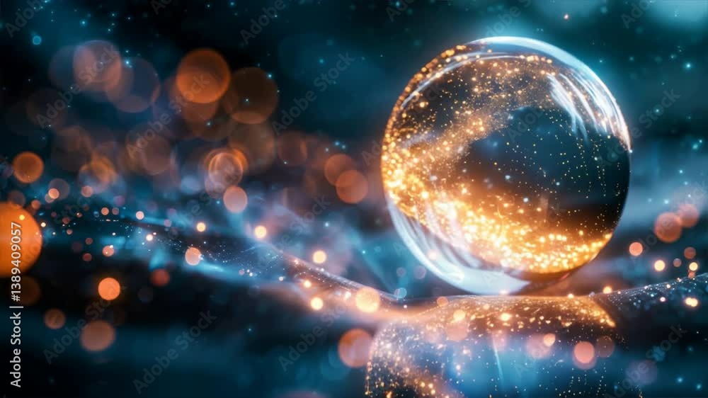 Poster a mesmerizing and vibrant image of a crystal sphere reflecting light and colors in a captivating cos