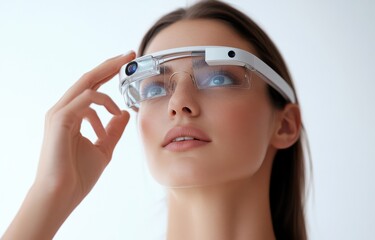Naklejka premium Woman using futuristc wearable technology smart glasses with innovative features