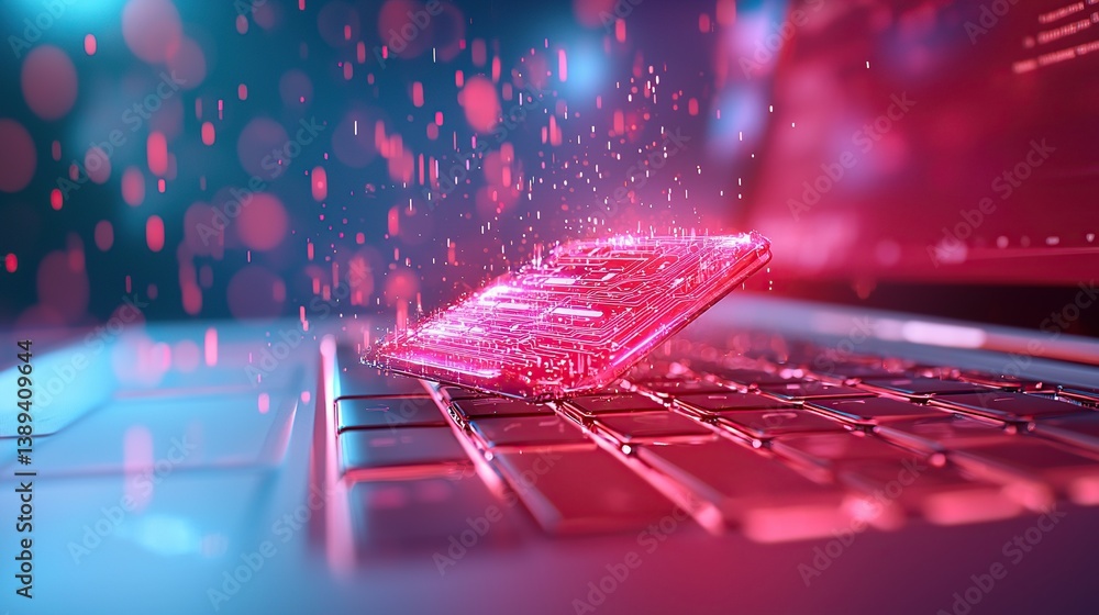Aufkleber abstract digital art depicting a smartphone emerging from a keyboard with vibrant colors and glowing