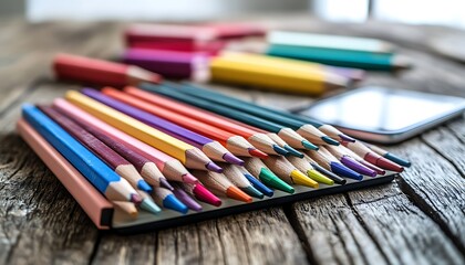 Colorful Pencils on Wooden Desk with Smartphone