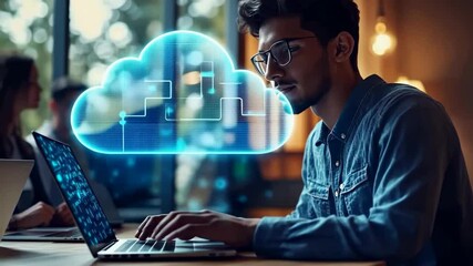 Focused man working on a laptop displaying a digital cloud, surrounded by colleagues in a modern office setting. Illustrates cloud computing, data management, and collaborative digital innovation. - Powered by Adobe