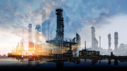 Obraz premium Double Exposure of Oil Refinery Plant with Dramatic Sky Effects