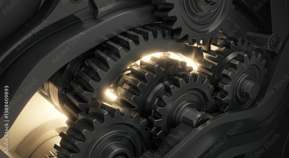 Poster precision gear system interlock - close-up of intricate metal gears interlocking, illuminated from w