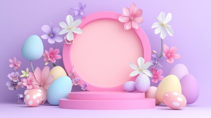 Pastel Easter eggs and flowers on a pink podium, blank display space, for spring sale promotions