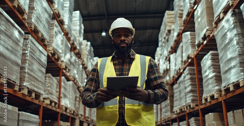 Poster warehouse worker checking inventory using a digital tablet in storage facility