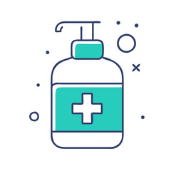 Obraz premium Stylized illustration of a teal pump bottle with a medical cross, representing hygiene and health, ideal for promoting hand sanitizer products, cleanliness, and public health awareness.
