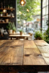 Close-Up of Rustic Wooden Table in a Cozy Coffee Shop Setting