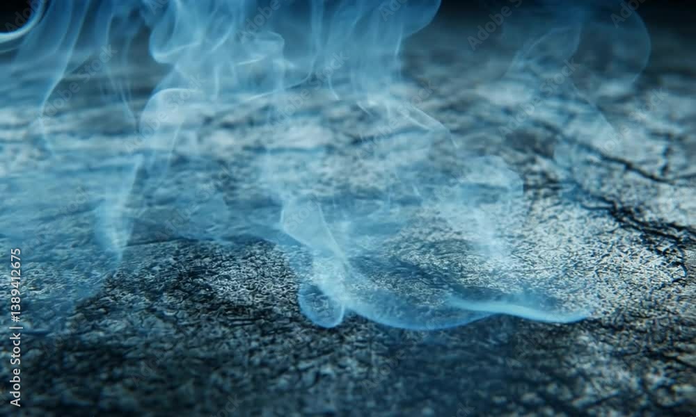 Poster a looping background of delicate blue smoke tendrils flowing and intertwining over weathered asphalt