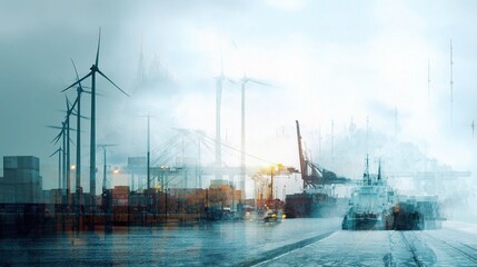 Fototapeta premium Double Exposure of Eco-Friendly Shipping Port with Wind Turbines