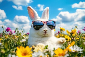 A fluffy white rabbit with oversized sunglasses, sitting in a field of wildflowers under a bright blue sky, celebrating the joy of Easter."