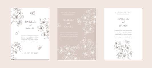 Set of sakura line art wedding card design. Spring flower frame poster background template. Cherry blossom hand drawn floral birthday party abstract decoration invitation. Vector illustration