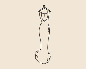 Line art wedding dress isolated. Whimsical coquette bride dress sketch. Marriage bridal trendy princess clothes. Vector outline illustration
