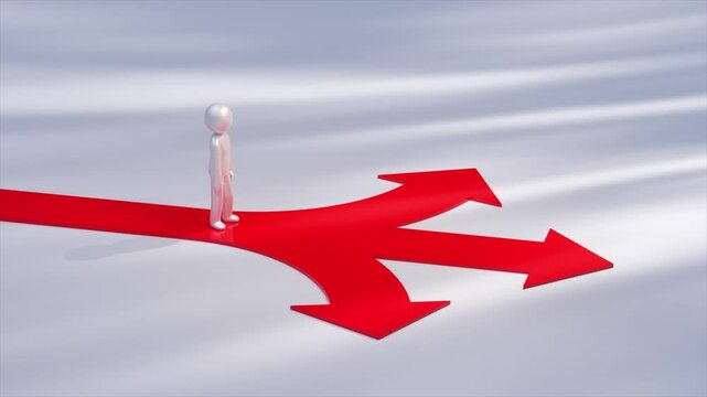 Metallic mannequin is walking on a red path that splits into three red arrows, symbolizing choices, directions, strategy, opportunities, and decision-making